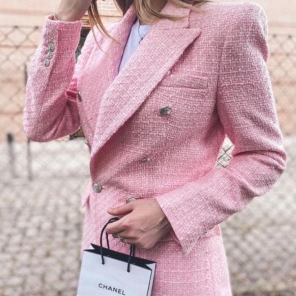 Zara Pink Tweed Double Breasted Blazer Jacket Bloggers Favorite